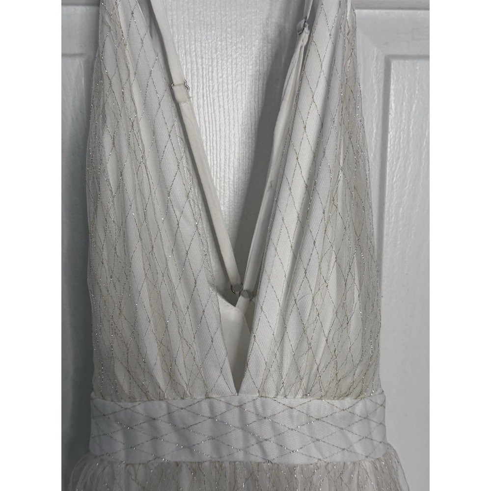 White S Metallic Grid Sparkle Deep V Neck Maxi Gown Fairy Wedding 1920s Art Deco - Picture 8 of 13